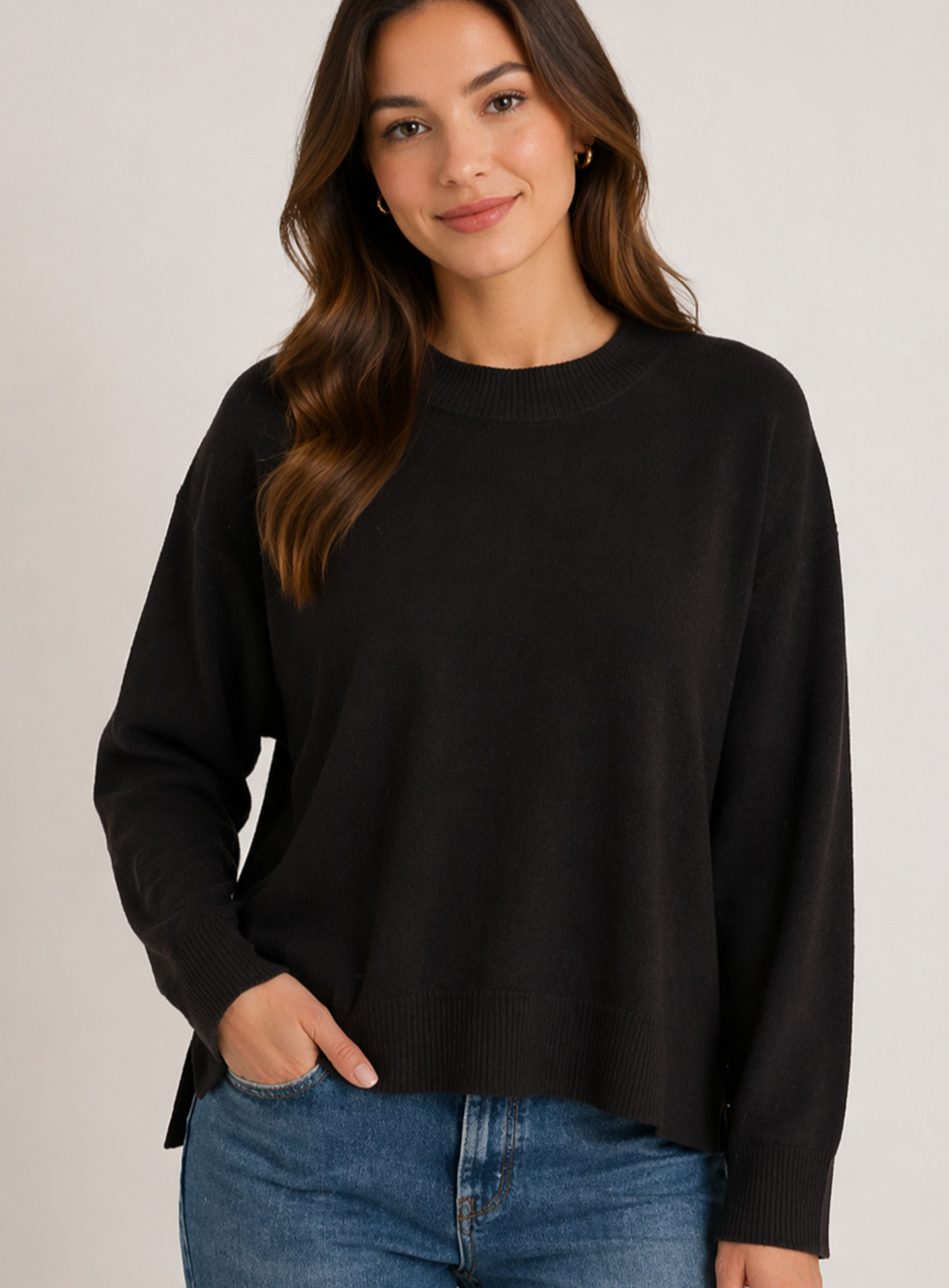 Lucky Brand Sweater Small Black Crewneck Viscose Polyester Stretch Classic
